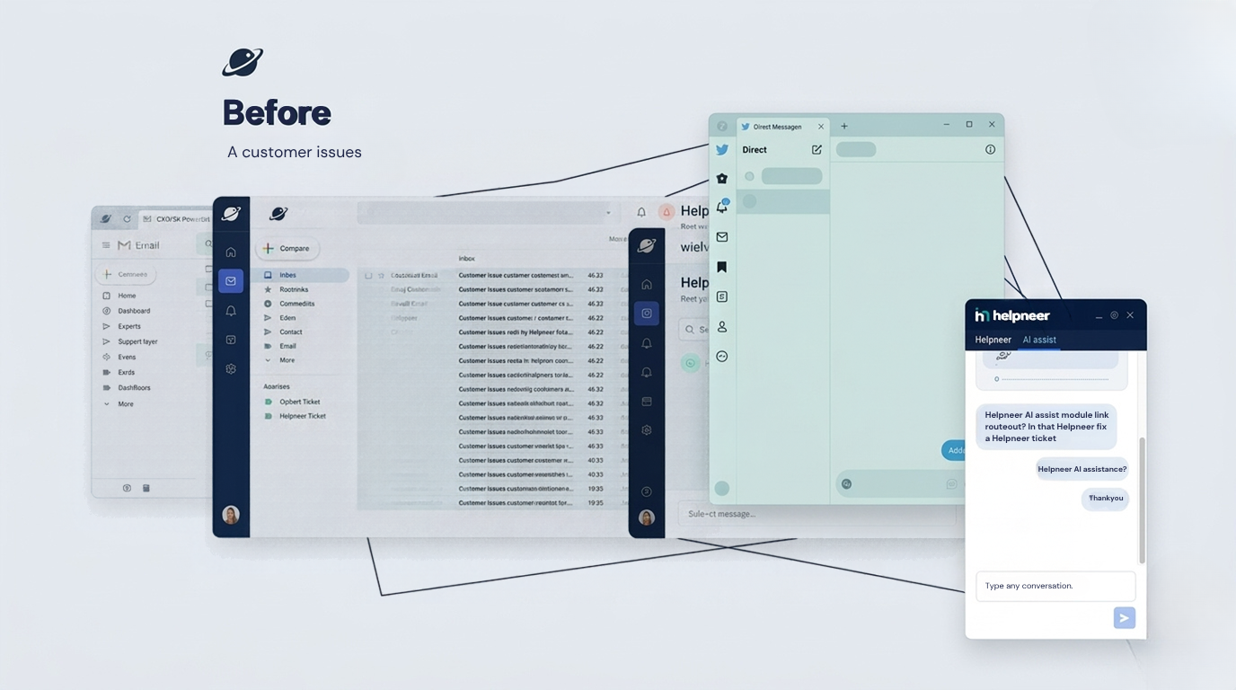 Before Helpneer: a customer issue scattered across disconnected inbox, email, and direct message tools with no single view